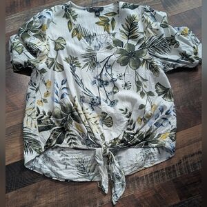 Botanical Print Tie-Front Blouse 100% Linen